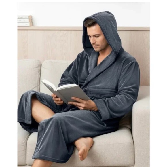 Elexander Del Rossa Mens Robe, Plush Fleece Hooded Cozy Bathrobe Sz L Gray/Black - Picture 9 of 11